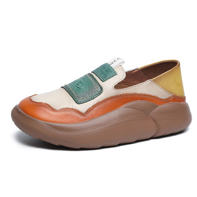 Women Retro Leather Casual Shoes Color Block Slip- Ons