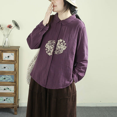 Women Spring Vintage Embroidered Loose Fit Cotton Shirt with Buttons