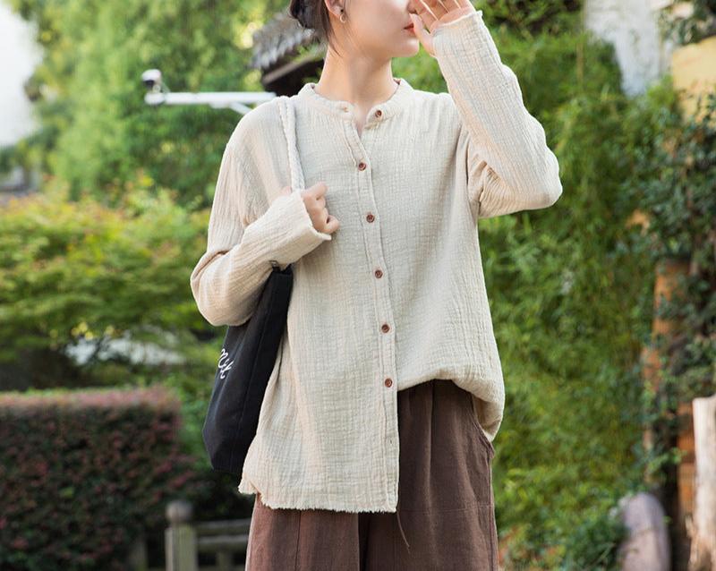 Women Casual Button- Up Textured Cotton Linen Shirts