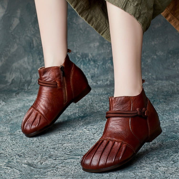 Babakud Women Retro Pleated Handmade Leather Booties