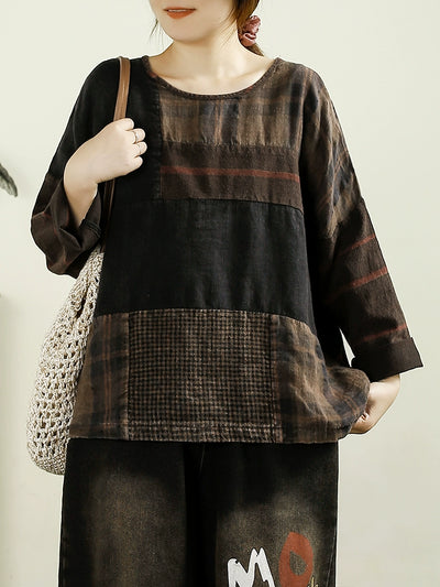 Autumn Plaid Color Block Cotton Linen Blouses