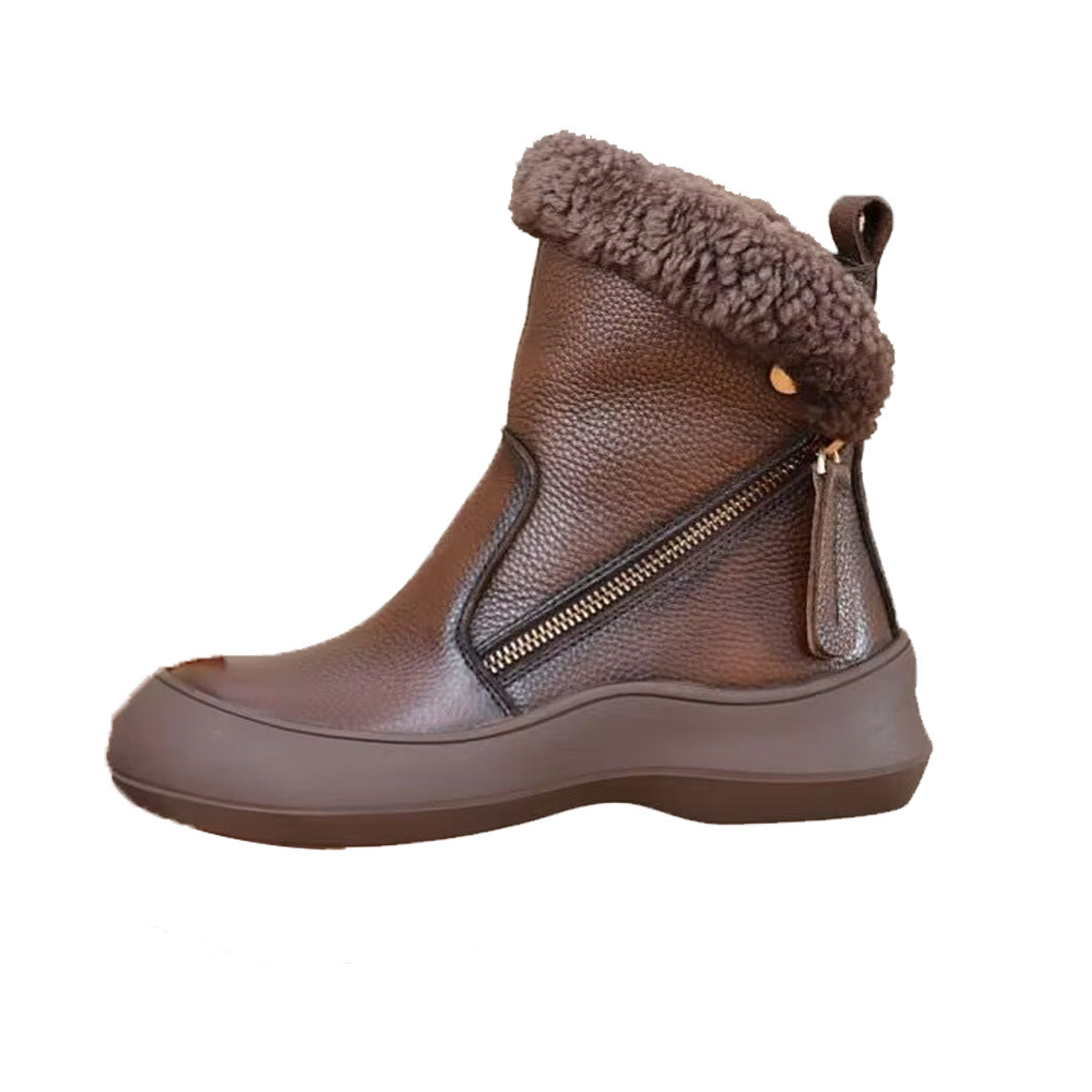 Women Trendy Zipper Shearling Lining Warm Leather Boots