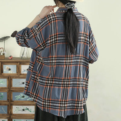 Women Spring Retro Plaid Cotton Blouse with Pockets