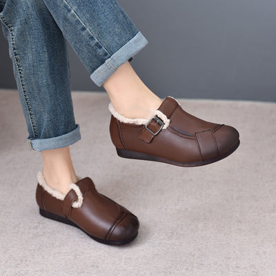 Women Buckle Fleece Lining Genuine Leather Flats