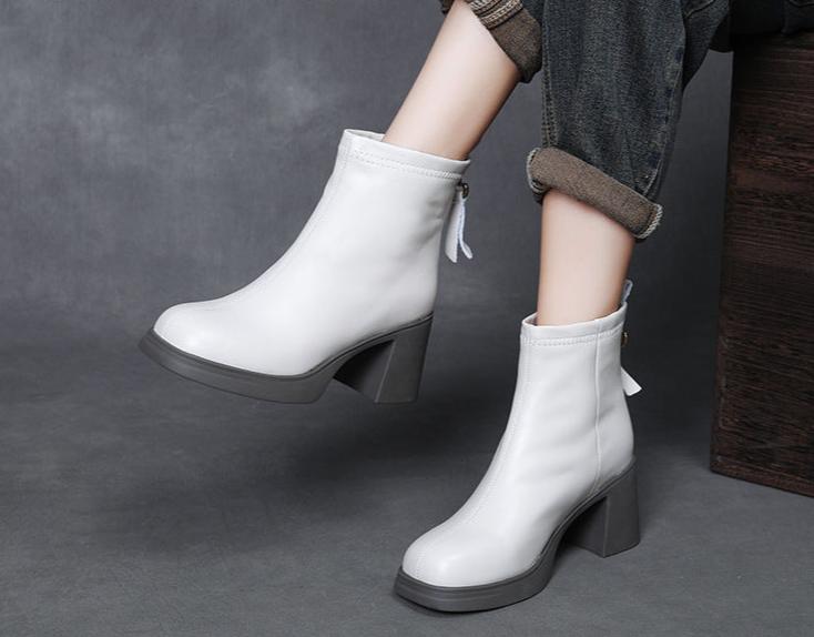 Women Zipper Chunky Heel Fleece Lining Ankle Boots