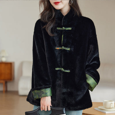 Traditional Chinese Style Elegant Warm Faux Fur Coat with Quilted Green Lining