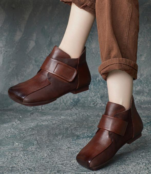 Women Fashion Trendy Retro Leather Square Toe Velcro Ankle Boots