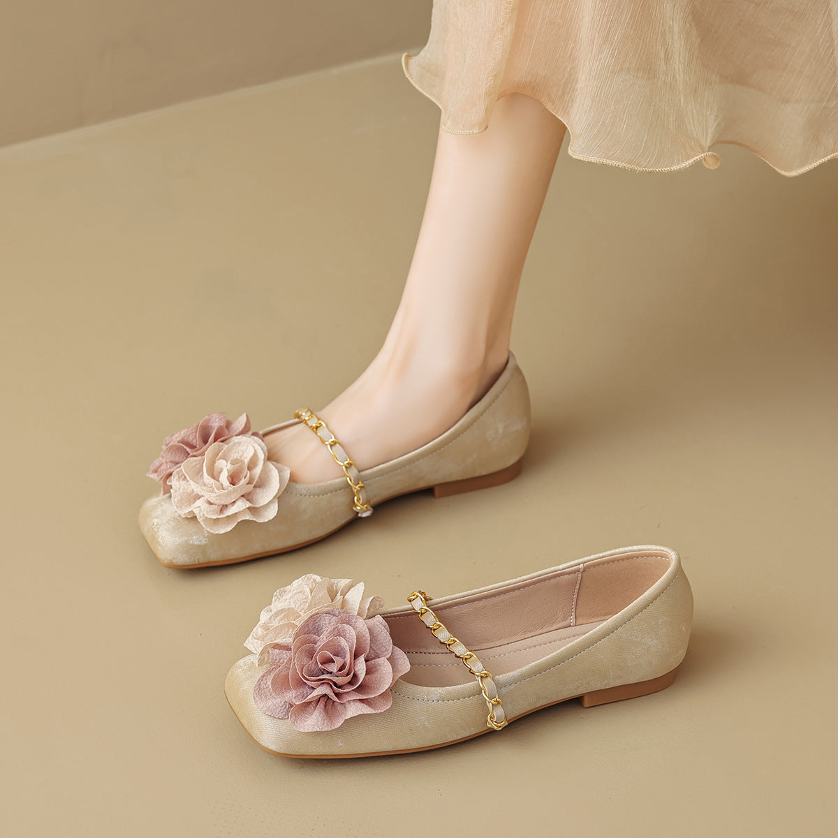 Elegant Floral Square Toe Instep Strap Slip- Ons