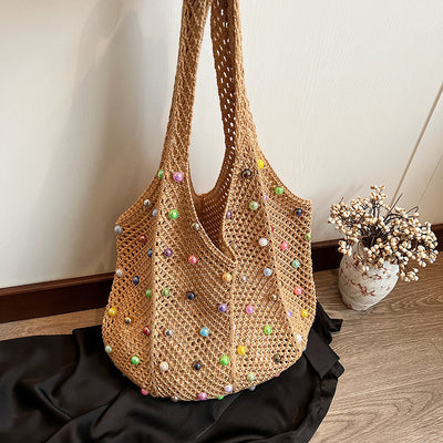 Handwoven Colorful Beaded Hollow-Out Large-Capacity Tote Bag