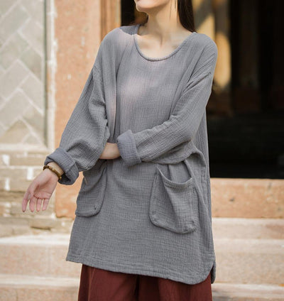 Women Loose Textured Solid Color Long Sleeves Tops