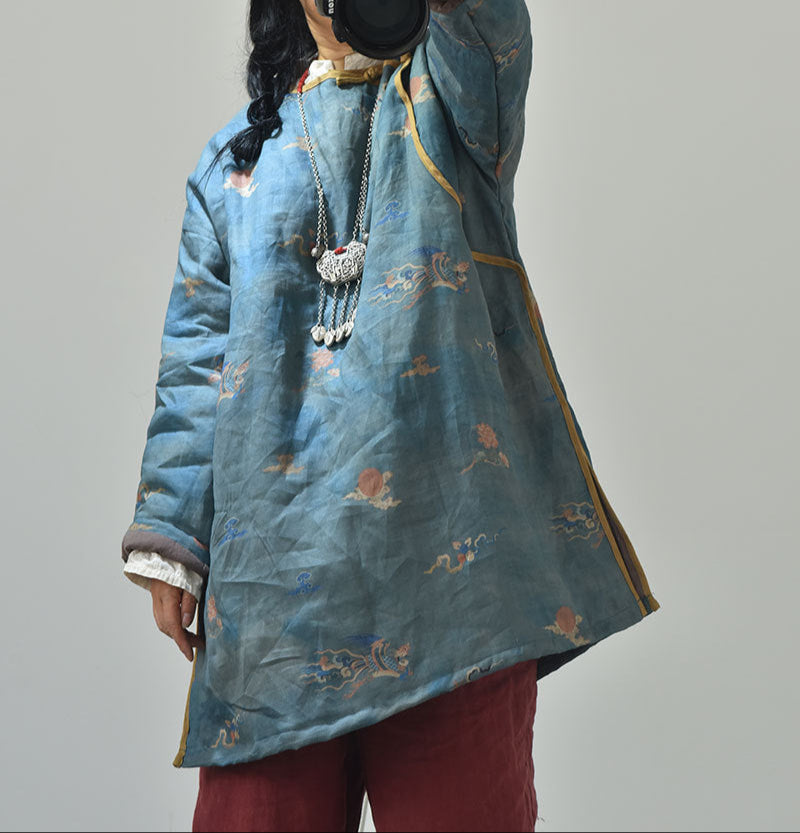 Women Vintage Printed Asymmetric Front Cotton Ramie Coat