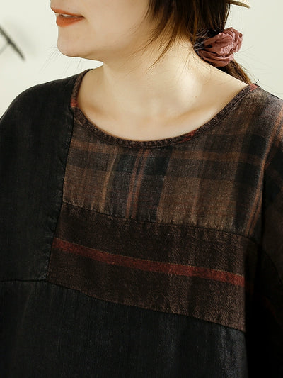 Autumn Plaid Color Block Cotton Linen Blouses