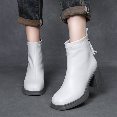 Women Zipper Chunky Heel Fleece Lining Ankle Boots