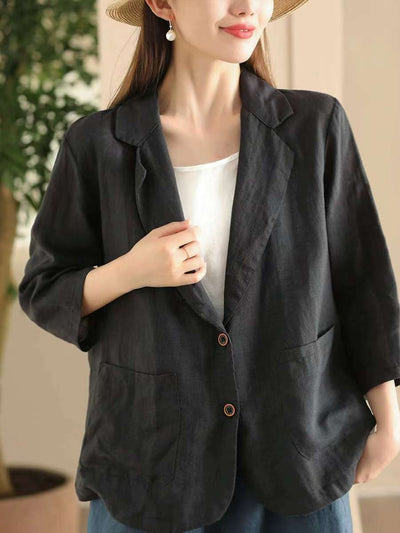 Women Lapel Solid Color Ramie Blazers