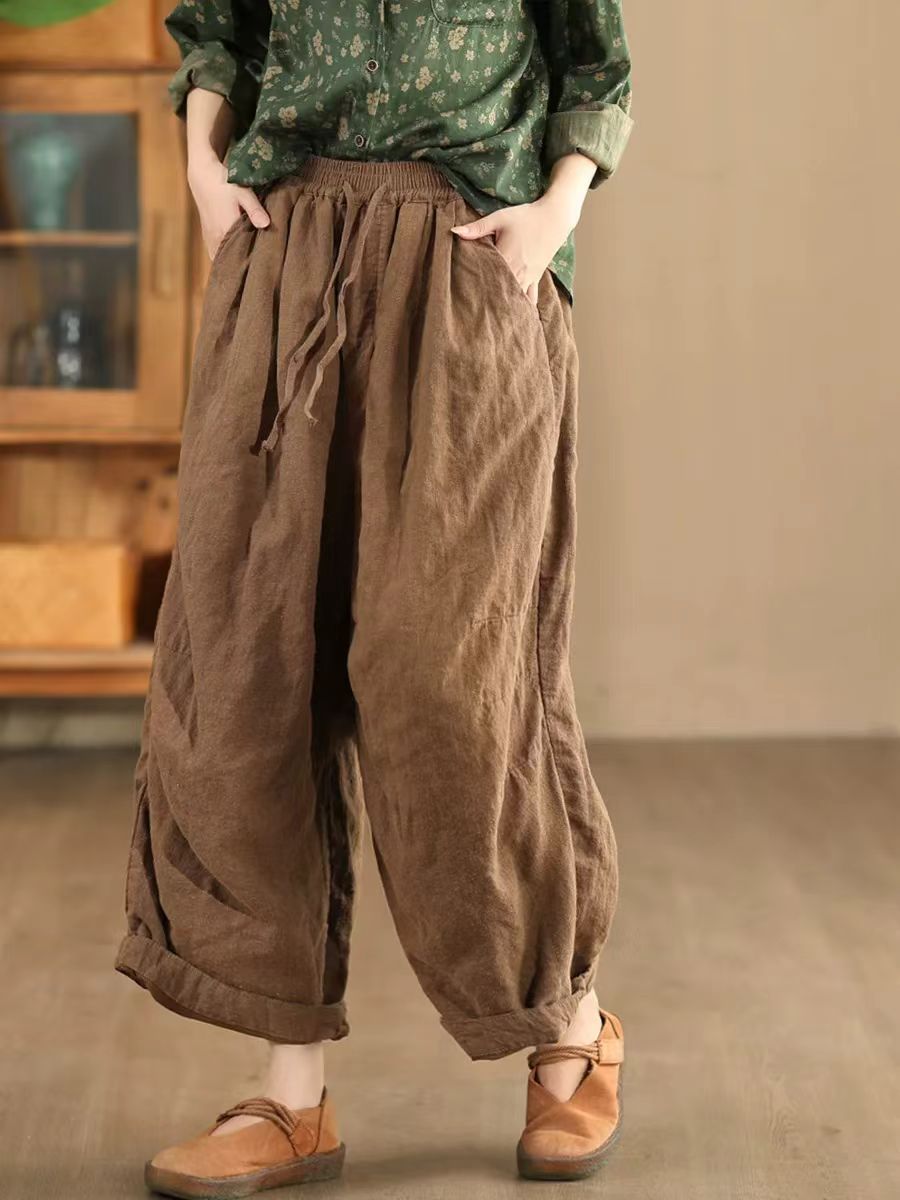 Women Casual Solid Color Loose Linen Pants