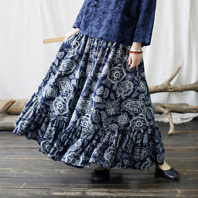 Vintage Ruffled Printed A- Line Maxi Skirt