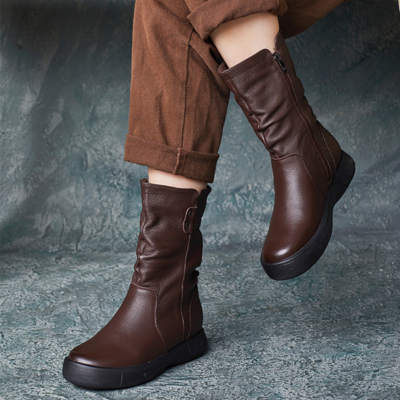 Women Retro Handmade Genuine Leather Ruched Mid-Calf Boots