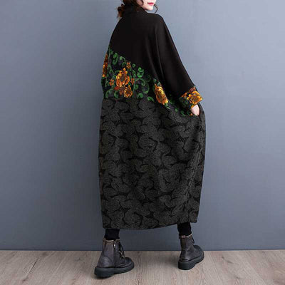 Women Black Trendy Retro Printed Mid-Length Coat