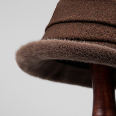 Autumn Winter Vintage Wool-Blend Bucket Hat with Fur Trim