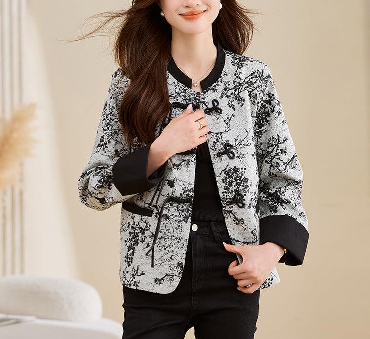 Women Vintage Ink Printed Stand Collar Jacket