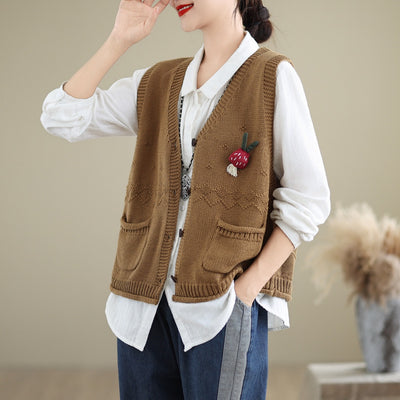 Autumn V-neck Pockets Cotton Knitted Vests