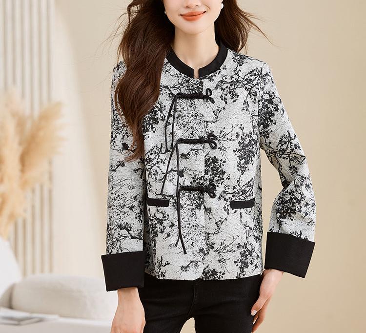 Women Vintage Ink Printed Stand Collar Jacket