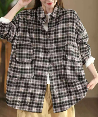 Women Loose Retro Plaid Brushed Cotton Shirts