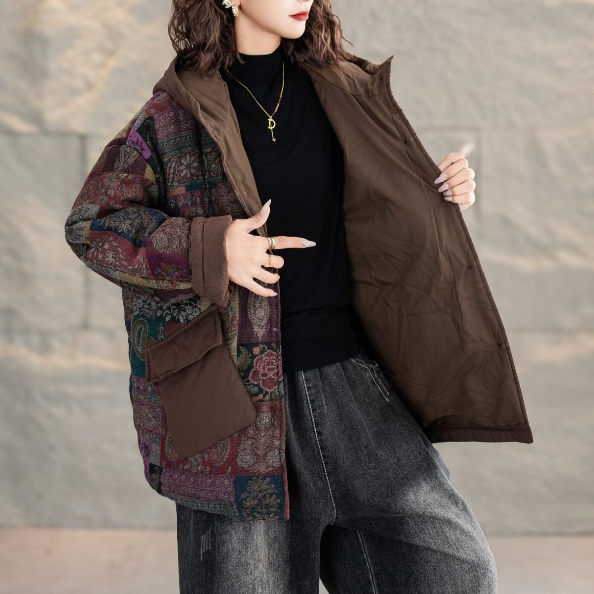 Women Trendy Vintage Printed Warm Padded Hooded Coats