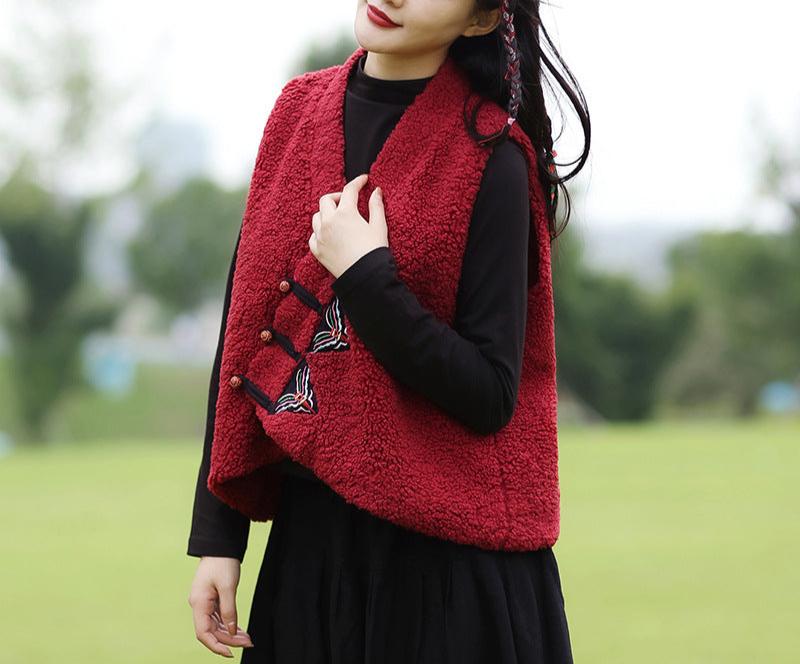 Women Embroidered Button- Up Warmth Sherpa Vests