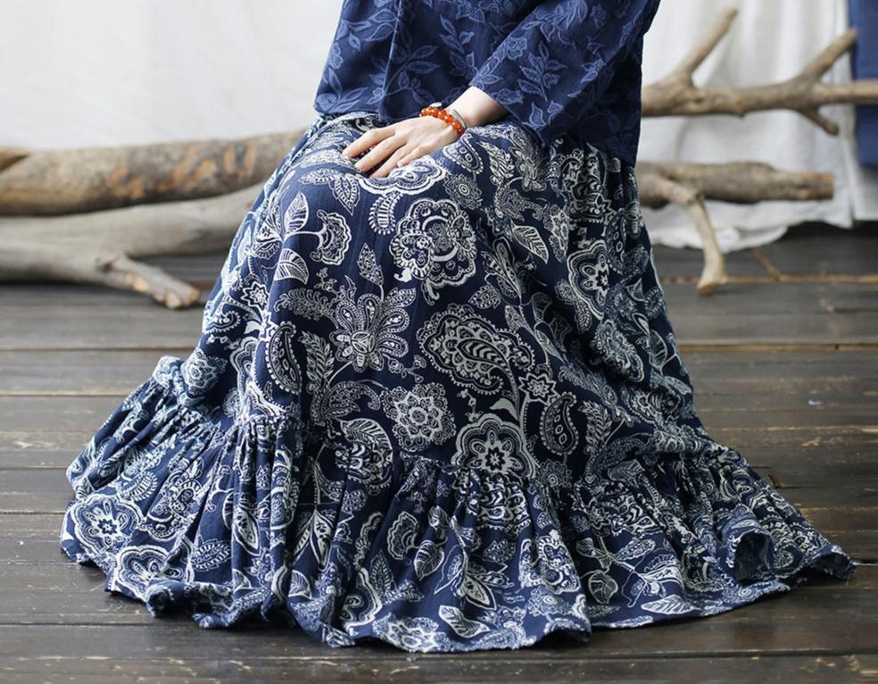 Vintage Ruffled Printed A- Line Maxi Skirt