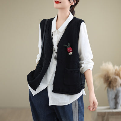 Autumn V-neck Pockets Cotton Knitted Vests