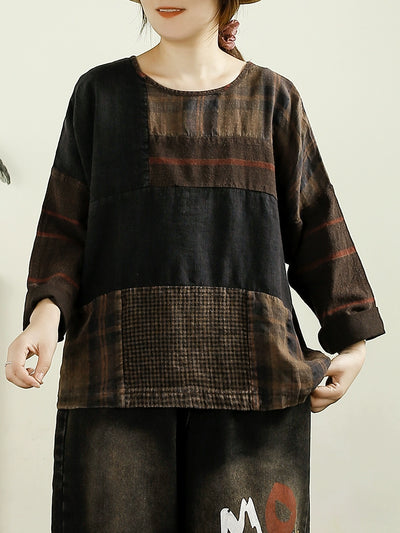 Autumn Plaid Color Block Cotton Linen Blouses