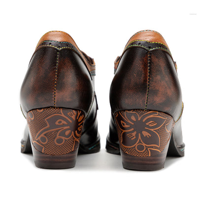 Vintage Ethnic Style Brown Chunky Heel Leather Shoes