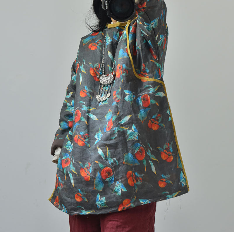 Women Vintage Printed Asymmetric Front Cotton Ramie Coat