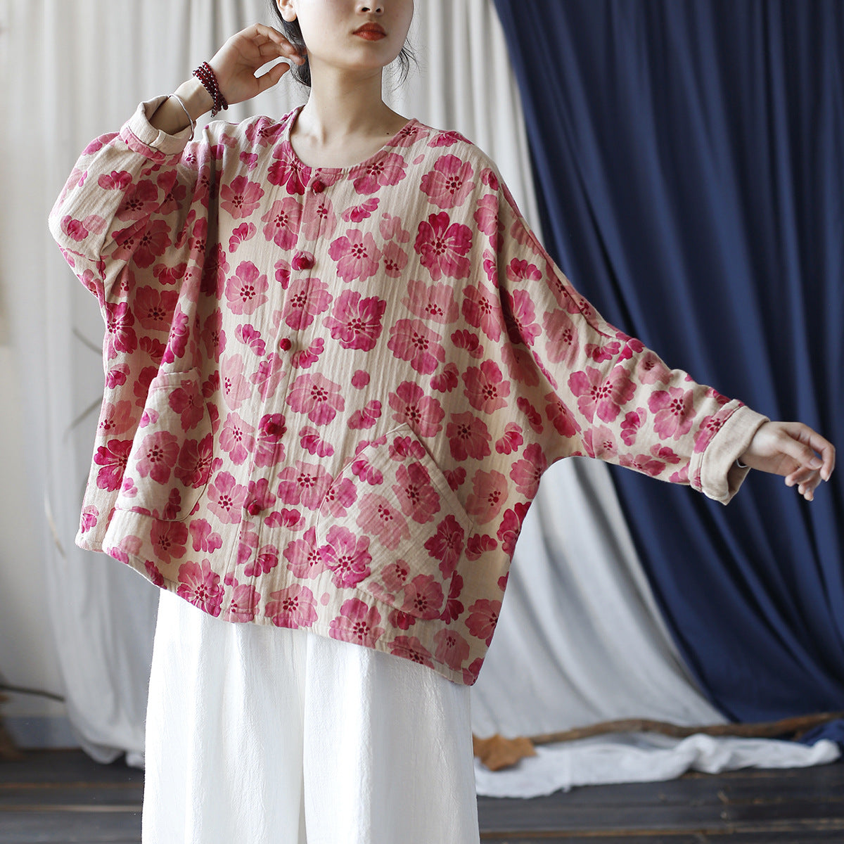 Loose Floral Printed Cotton Coats for Women