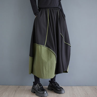 Casual Elastic Waist Asymmetric Color Block Skirts