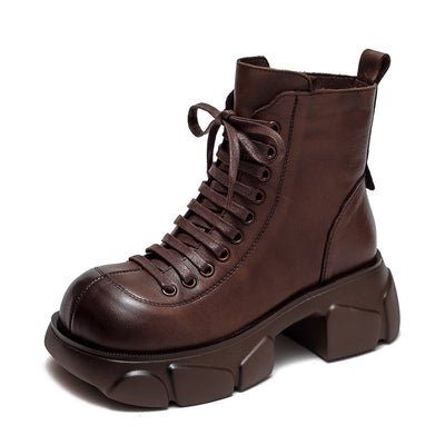 Women Retro Platform Fleece Lining Leather Short Boots