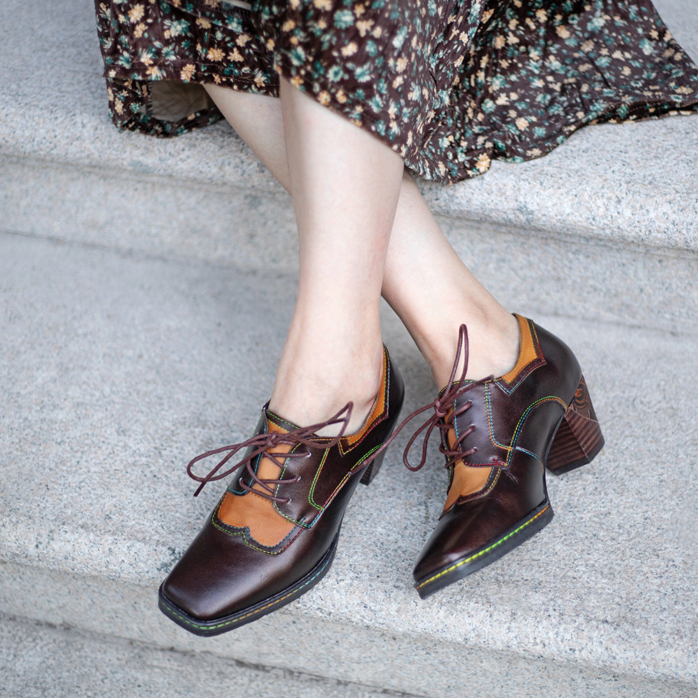 Vintage Ethnic Style Brown Chunky Heel Leather Shoes