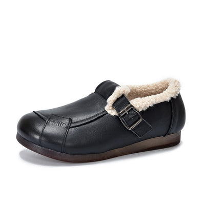 Women Buckle Fleece Lining Genuine Leather Flats