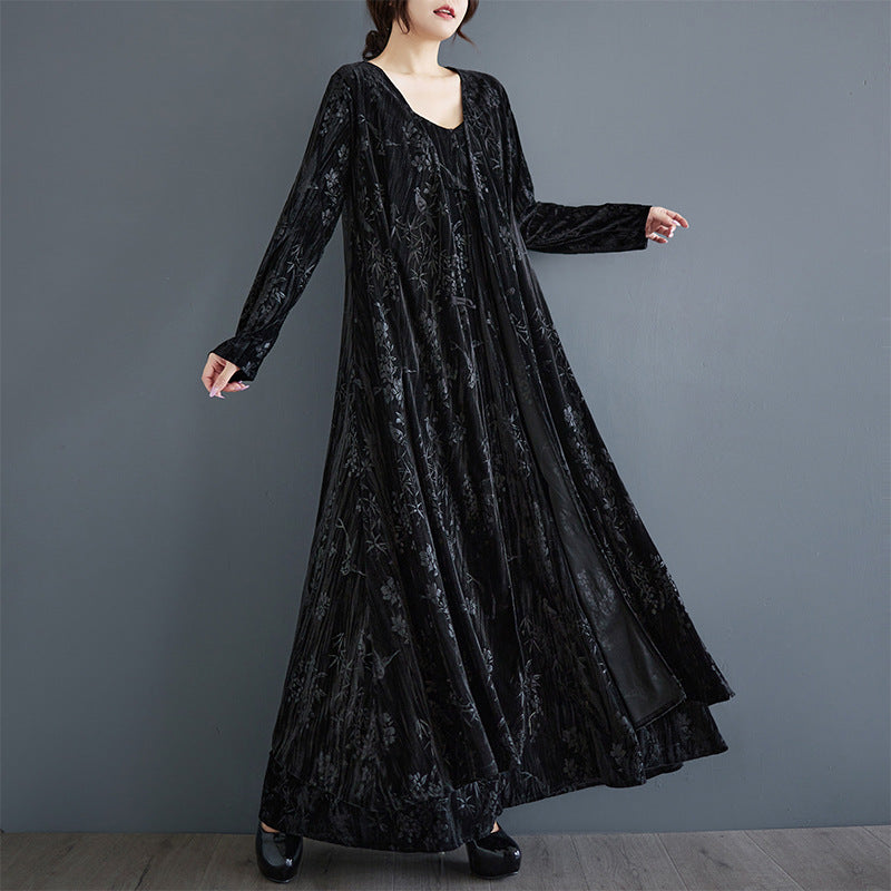 Women Elegant Vintage Jacquard Velvet Mid- Length Coat