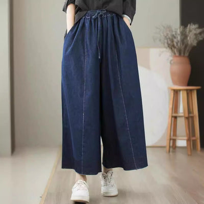 Women Color Block Lace-Up Loose Wide Leg Jeans