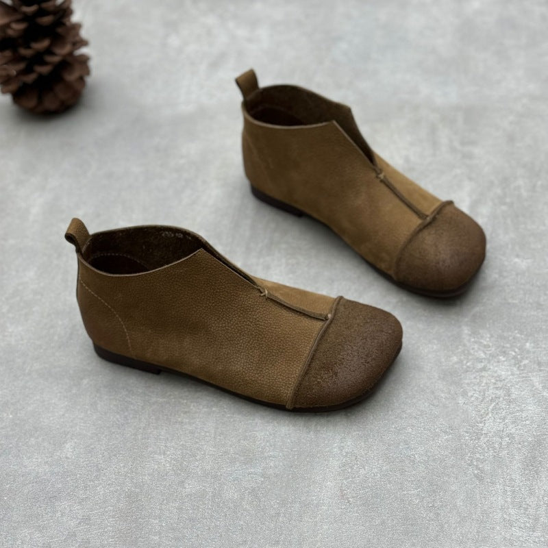 Women Vintage Handmade Genuine Leather Square Toe Flat Booties