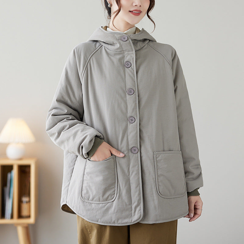 Women Gray Quilted Hooded Warm Padded Jacket