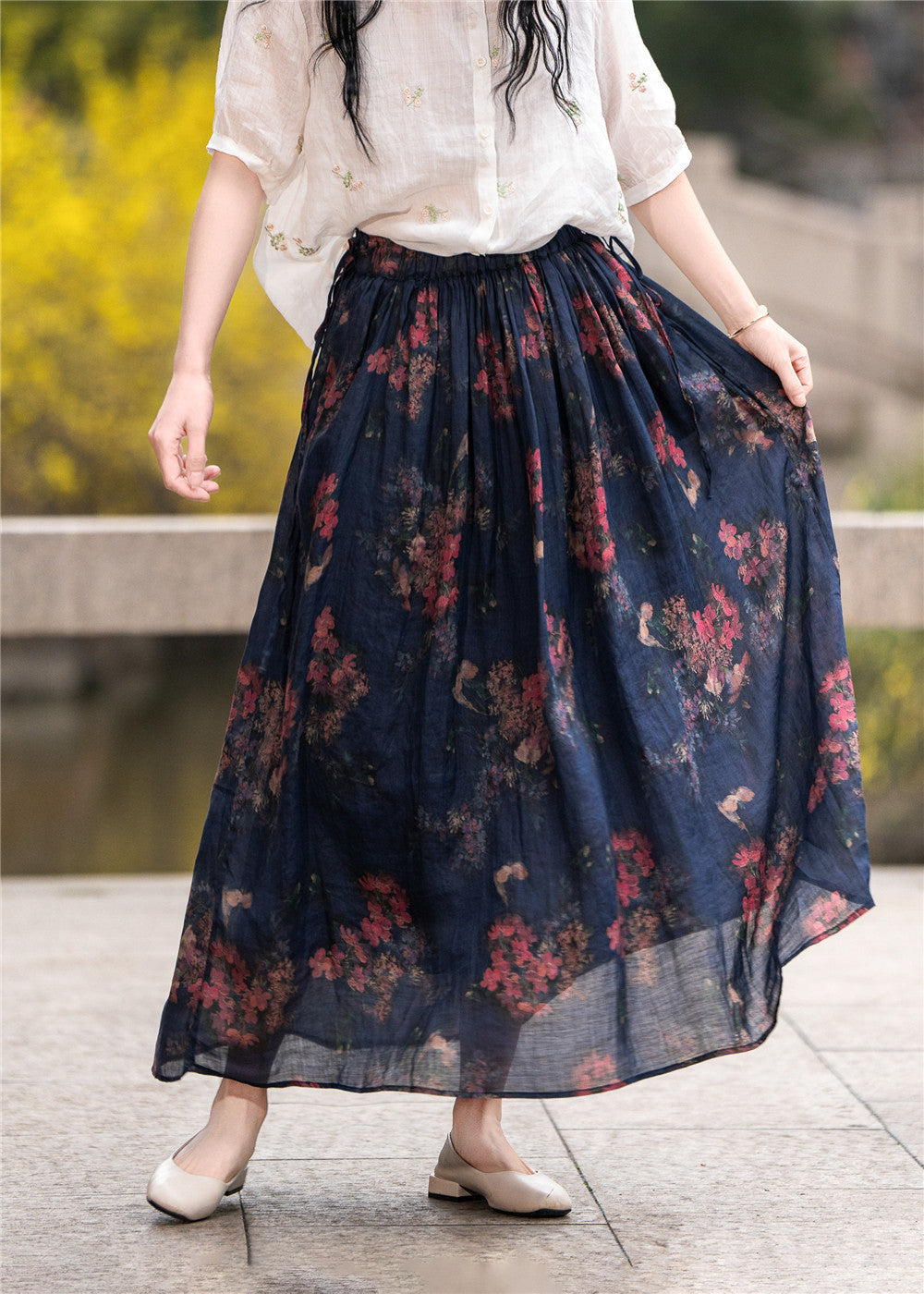 Casual Printed Elastic Waist A- Line Midi Skirts