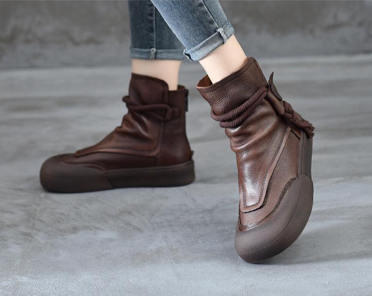 Roman Style Vintage Back Zipper Platform Leather Ankle Boots