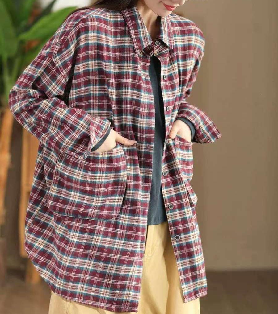 Women Loose Retro Plaid Brushed Cotton Shirts