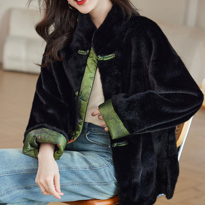 Traditional Chinese Style Elegant Warm Faux Fur Coat with Quilted Green Lining