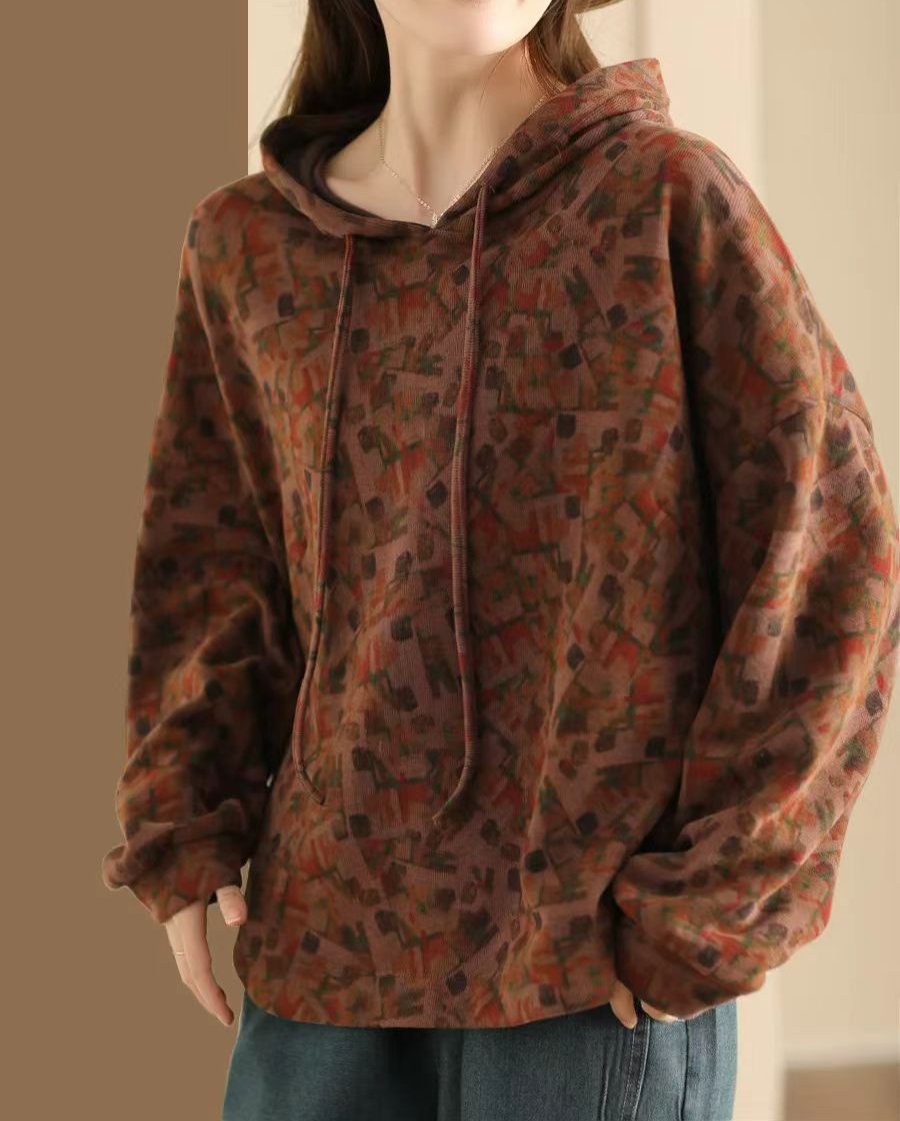 Women Retro Printed Knitted Loose Cotton Hoodies