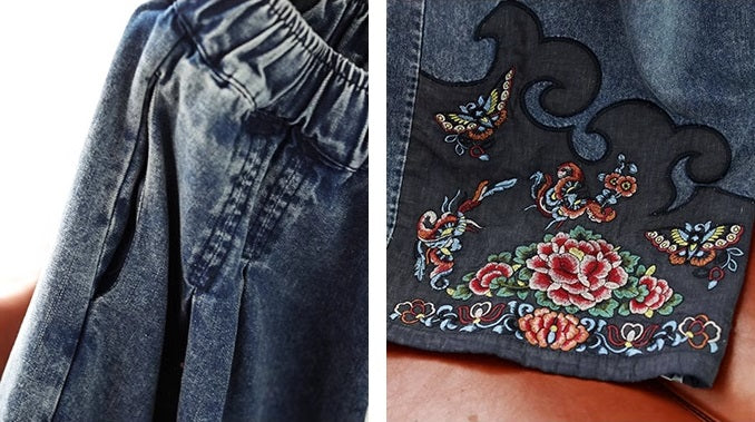 Retro Embroidered Elastic Waist Loose Wide Leg Jeans