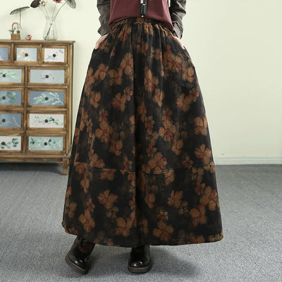 Women Spring Retro Cotton Linen Floral Printed A-Line Skirt